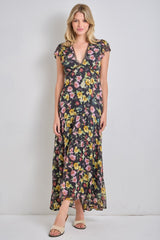 Black Multi Floral Chiffon V Neck Maternity Midi Dress