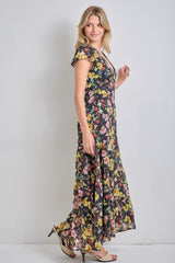 Black Multi Floral Chiffon V Neck Midi Dress