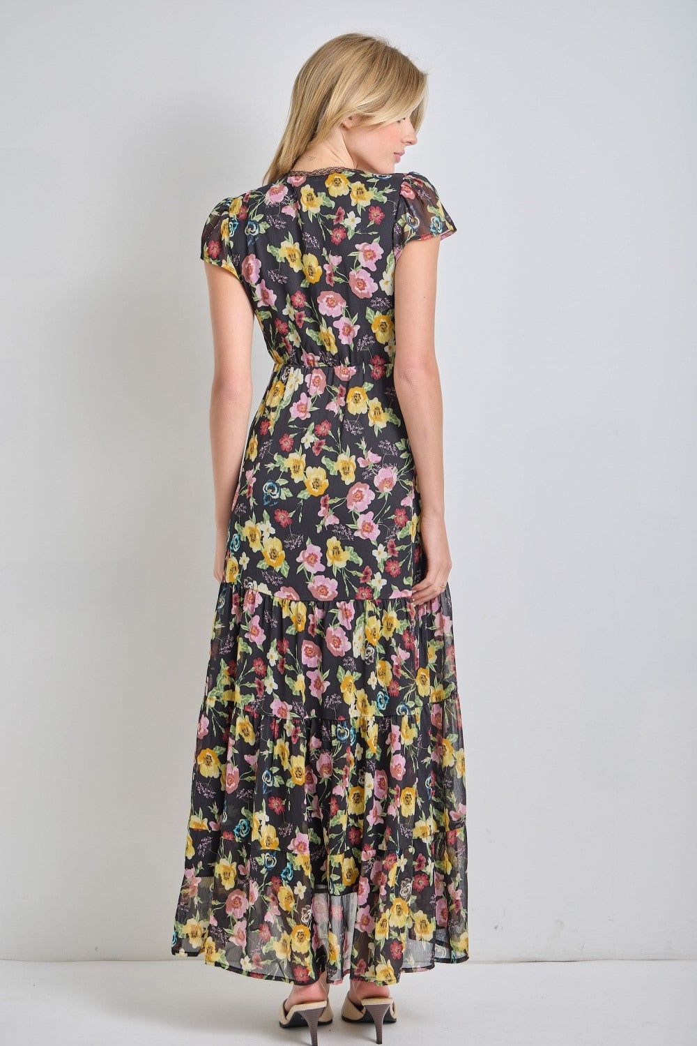Black Multi Floral Chiffon V Neck Midi Dress