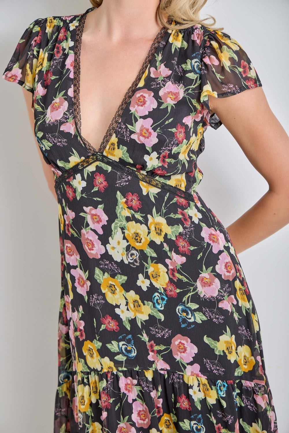 Black Multi Floral Chiffon V Neck Midi Dress