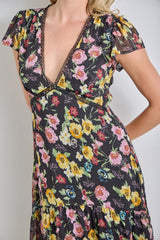 Black Multi Floral Chiffon V Neck Midi Dress