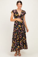 Black Multi Floral Chiffon V Neck Maternity Midi Dress