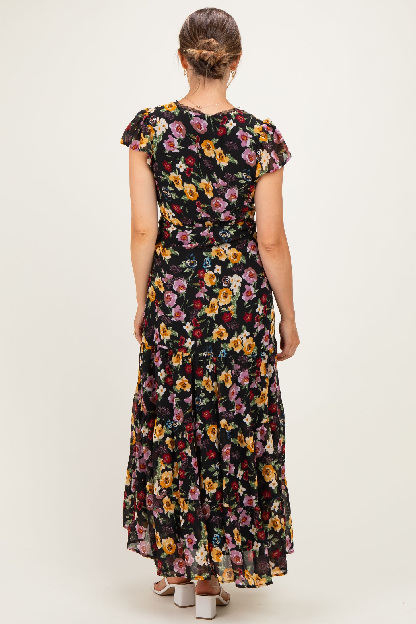 Black Multi Floral Chiffon V Neck Maternity Midi Dress