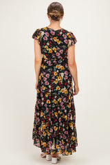 Black Multi Floral Chiffon V Neck Maternity Midi Dress