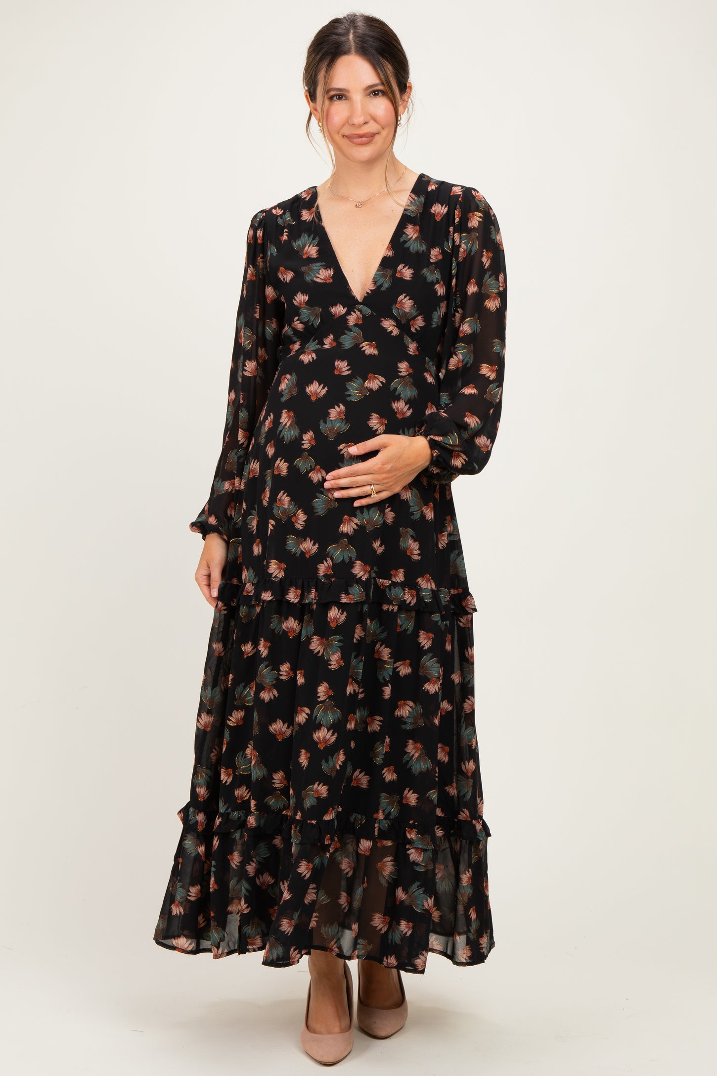 Black Floral Long Sleeve Maternity Midi Dress