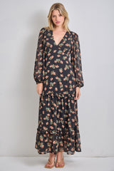 Black Floral Long Sleeve Midi Dress
