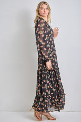 Black Floral Long Sleeve Midi Dress