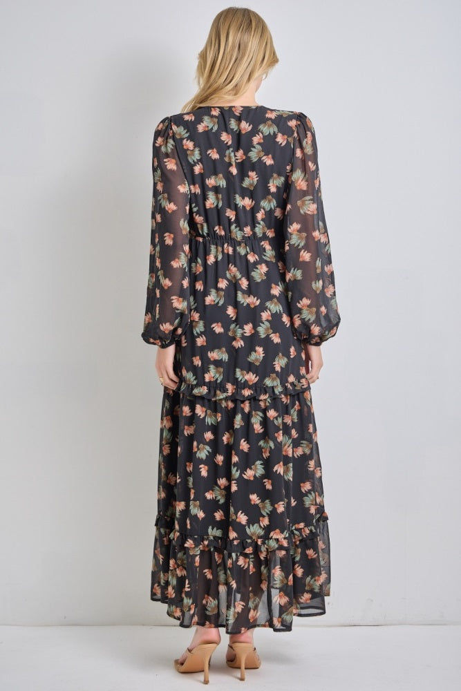 Black Floral Long Sleeve Midi Dress