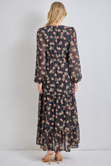 Black Floral Long Sleeve Midi Dress