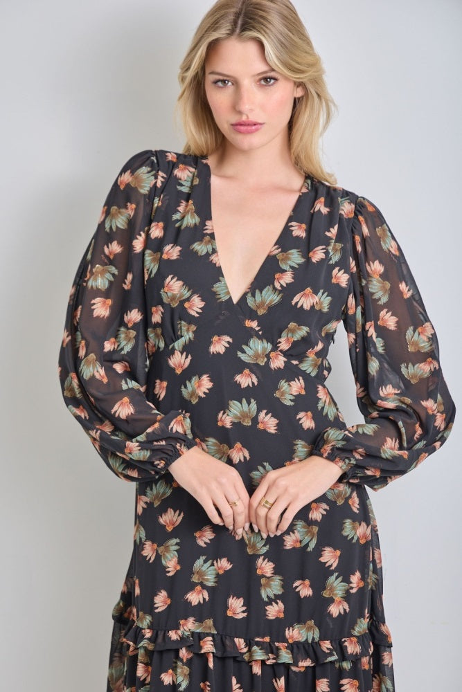 Black Floral Long Sleeve Midi Dress