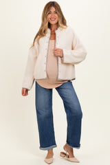 Ivory Floral Trim Fleece Snap Button Maternity Jacket