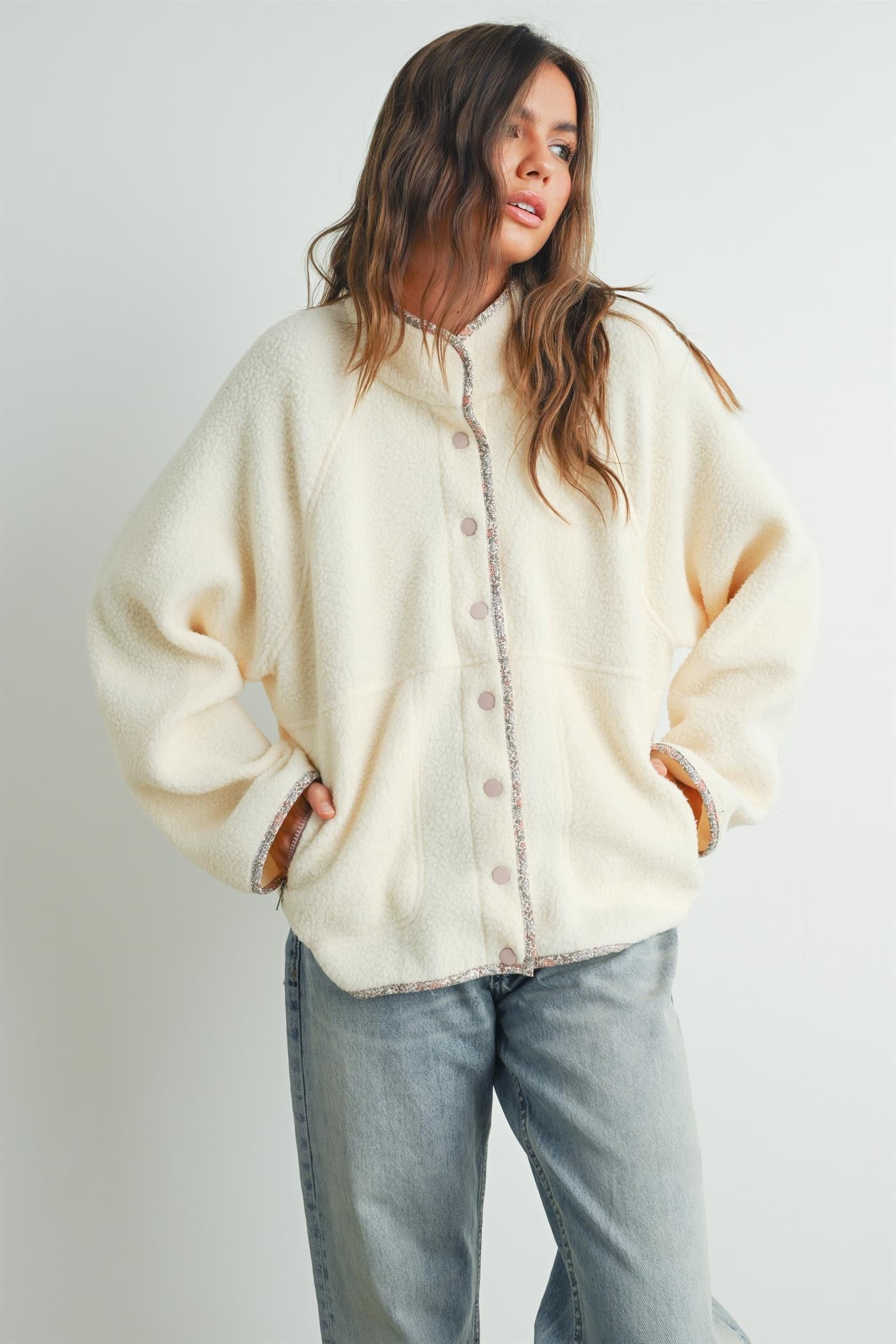Ivory Floral Trim Fleece Snap Button Jacket