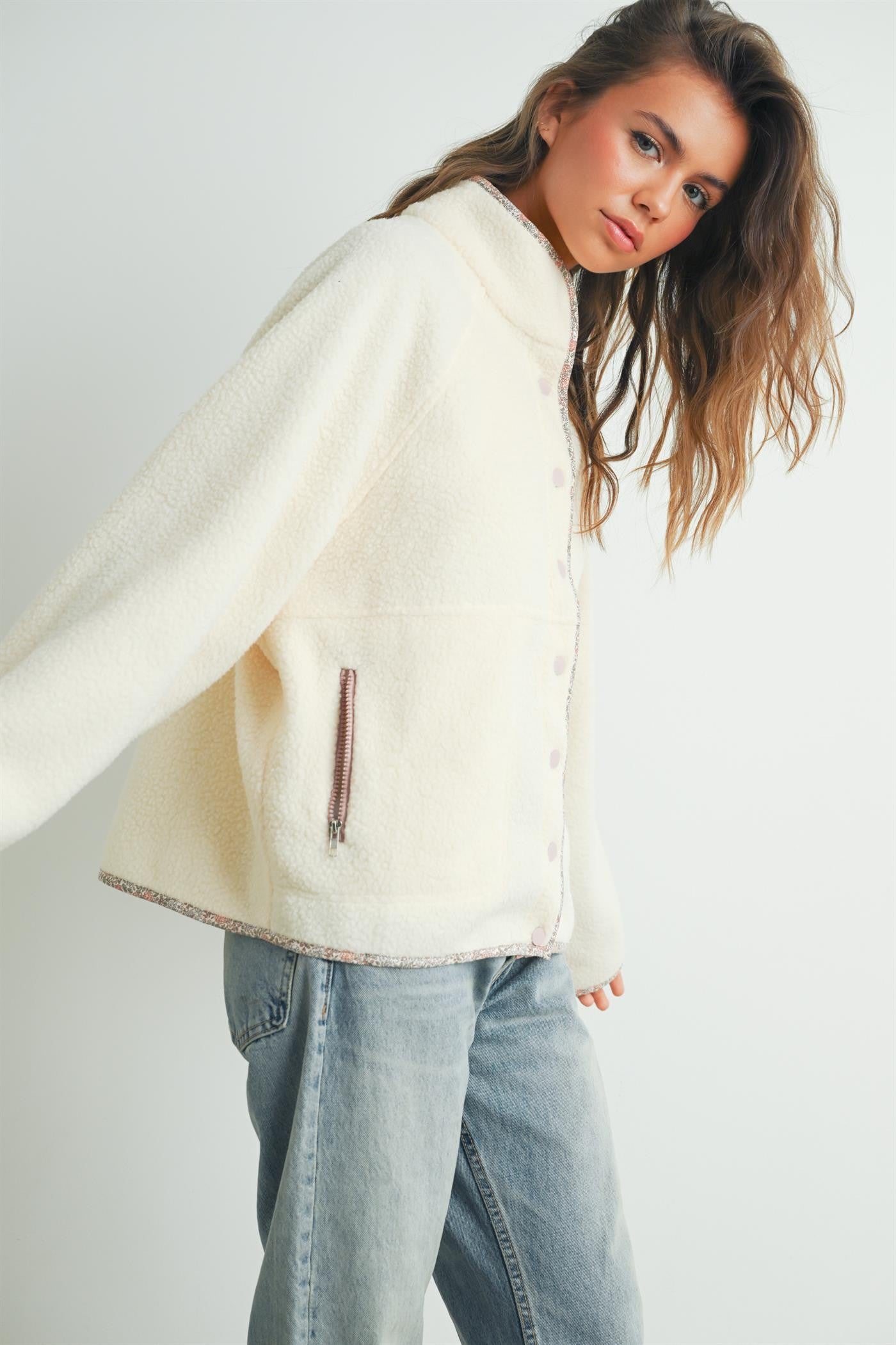 Ivory Floral Trim Fleece Snap Button Jacket