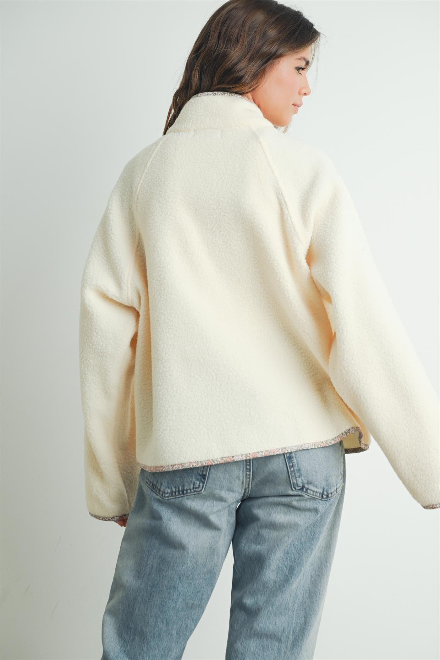 Ivory Floral Trim Fleece Snap Button Jacket
