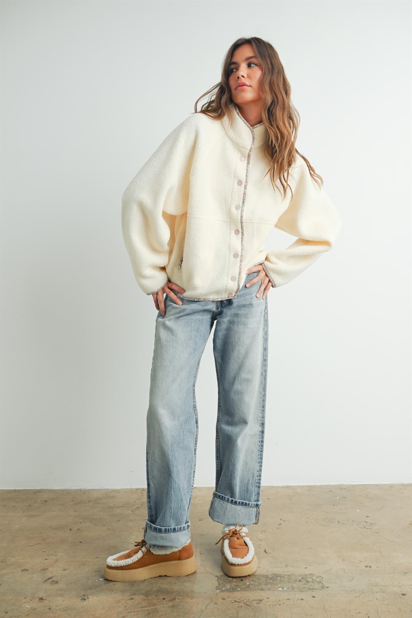 Ivory Floral Trim Fleece Snap Button Jacket