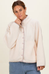 Ivory Floral Trim Fleece Snap Button Jacket