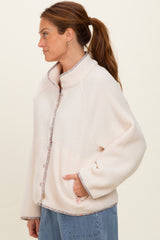 Ivory Floral Trim Fleece Snap Button Jacket