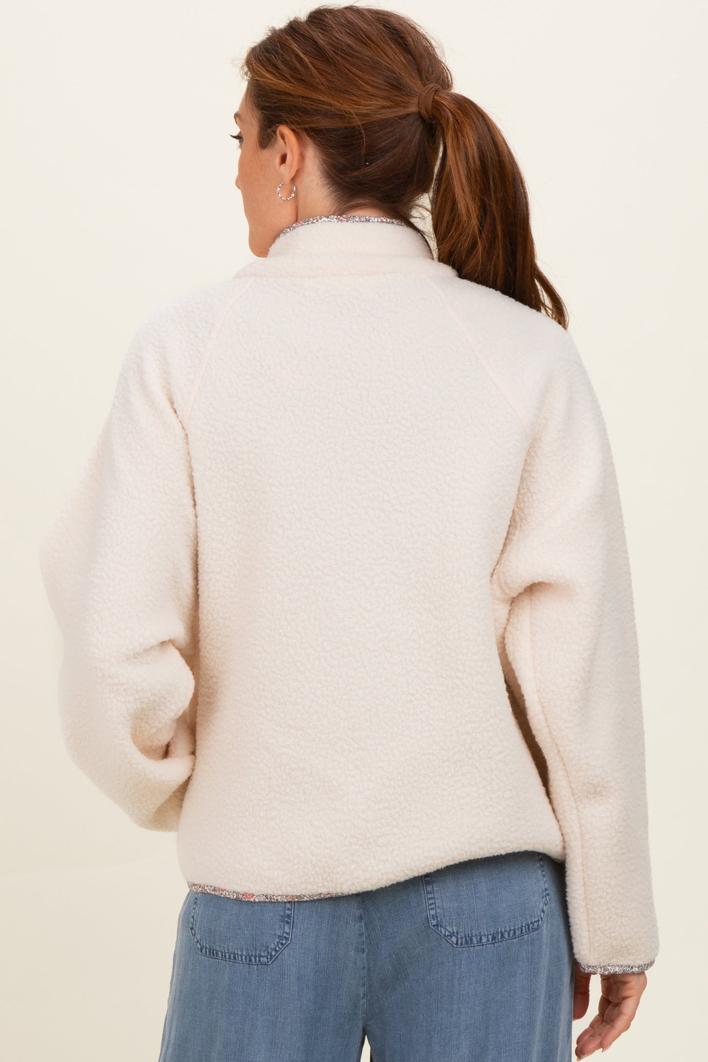 Ivory Floral Trim Fleece Snap Button Jacket