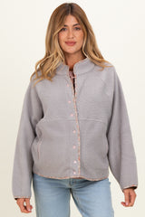 Grey Floral Trim Fleece Snap Button Maternity Jacket