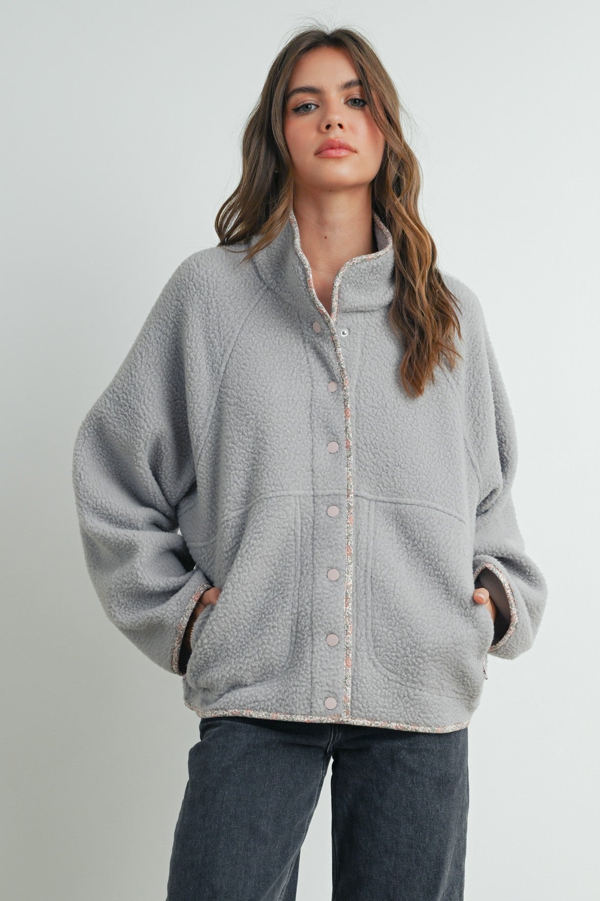 Grey Floral Trim Fleece Snap Button Jacket