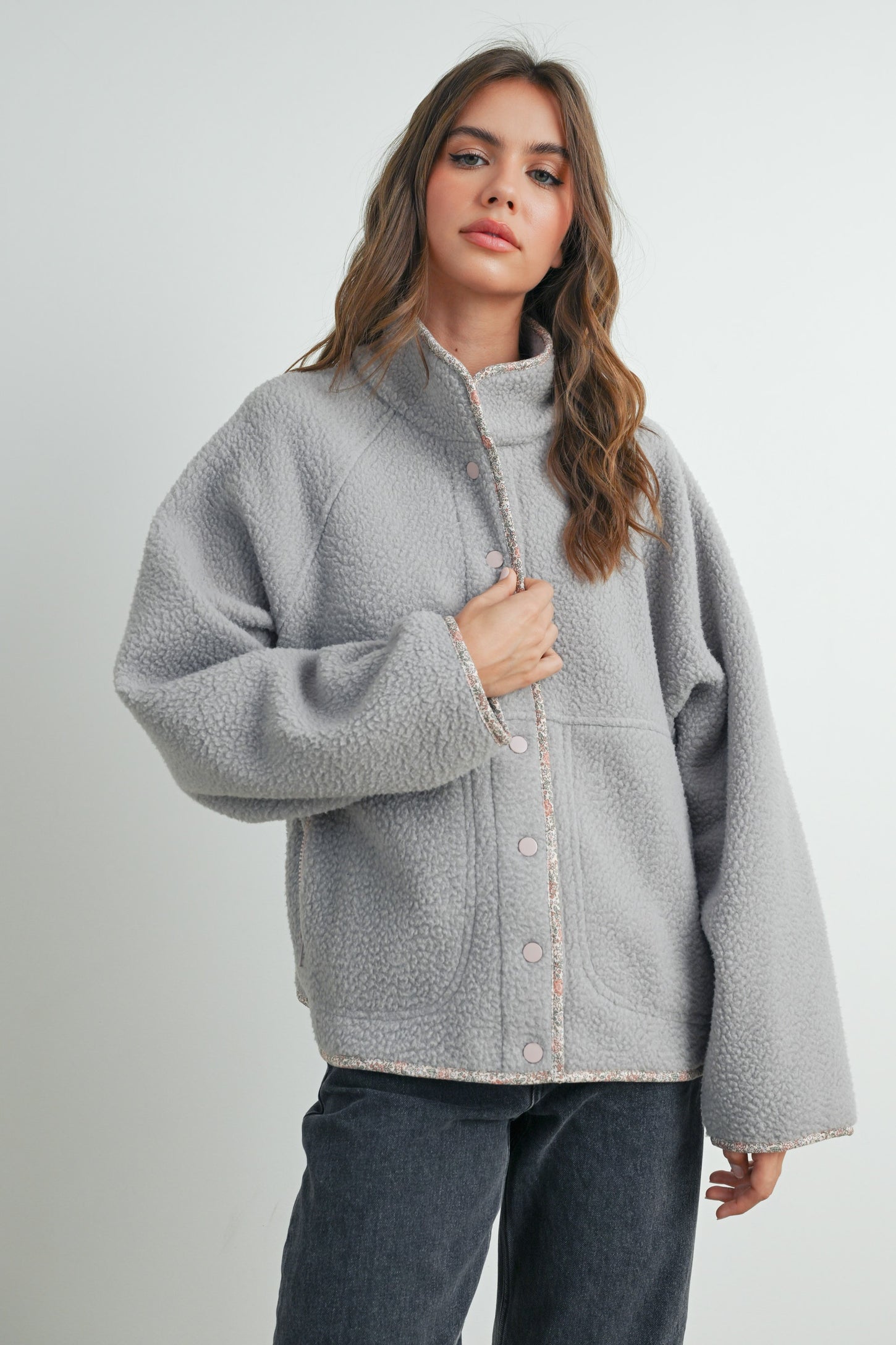 Grey Floral Trim Fleece Snap Button Jacket