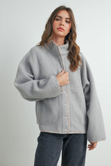 Grey Floral Trim Fleece Snap Button Jacket