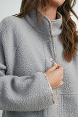 Grey Floral Trim Fleece Snap Button Jacket