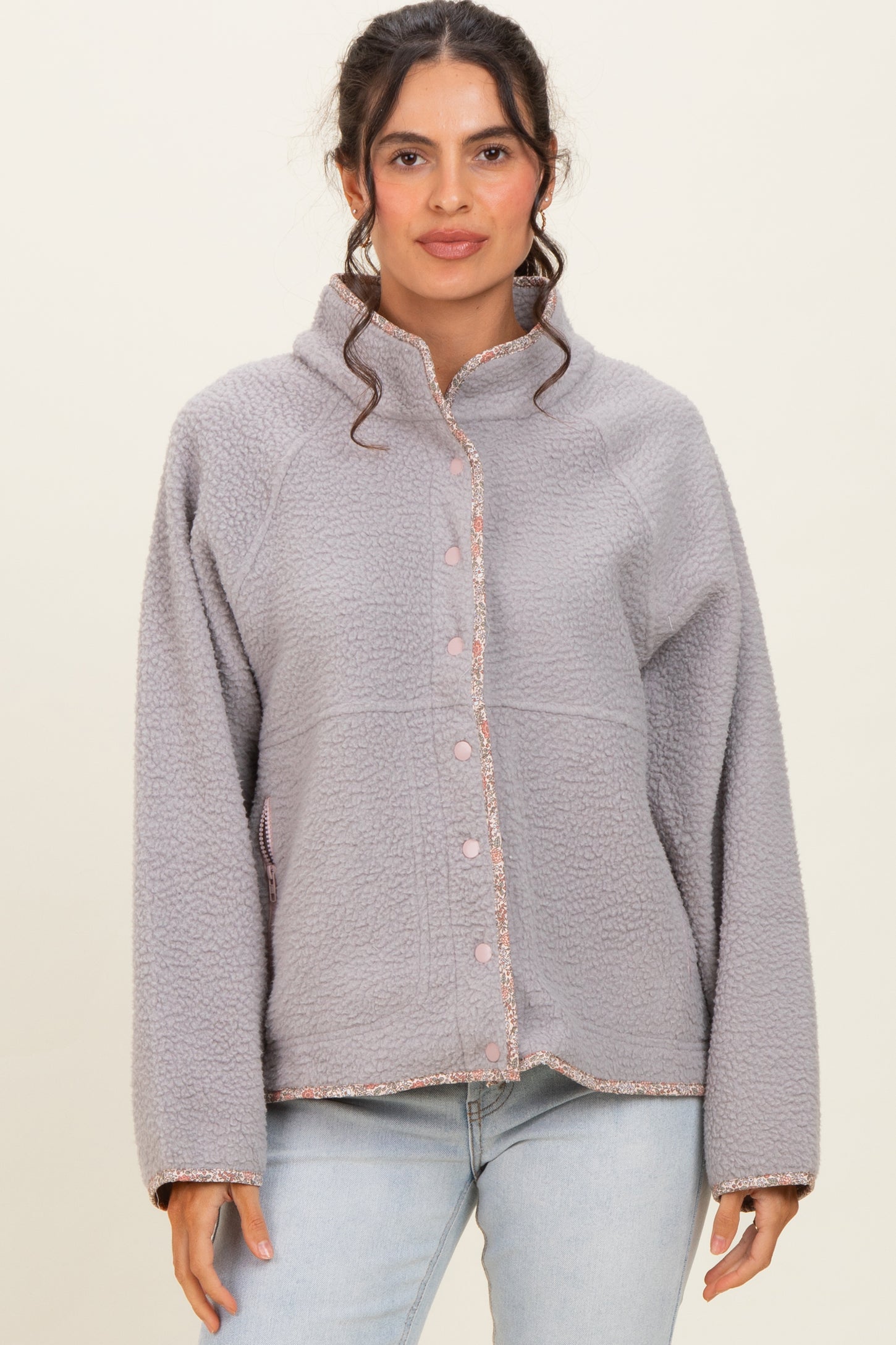 Grey Floral Trim Fleece Snap Button Jacket