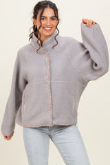 Grey Floral Trim Fleece Snap Button Jacket