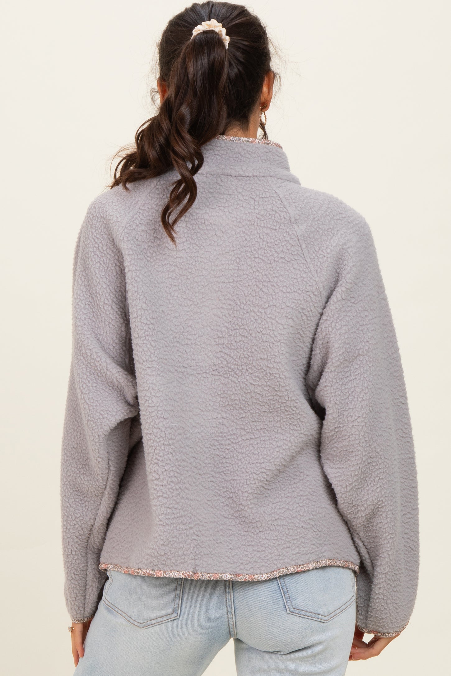 Grey Floral Trim Fleece Snap Button Jacket