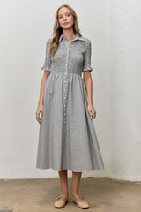 Black Gingham Smocked Button Down Maternity Midi Dress