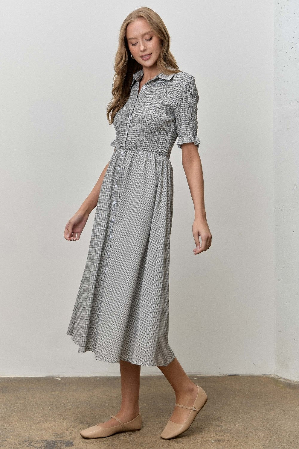 Black Gingham Smocked Button Down Midi Dress