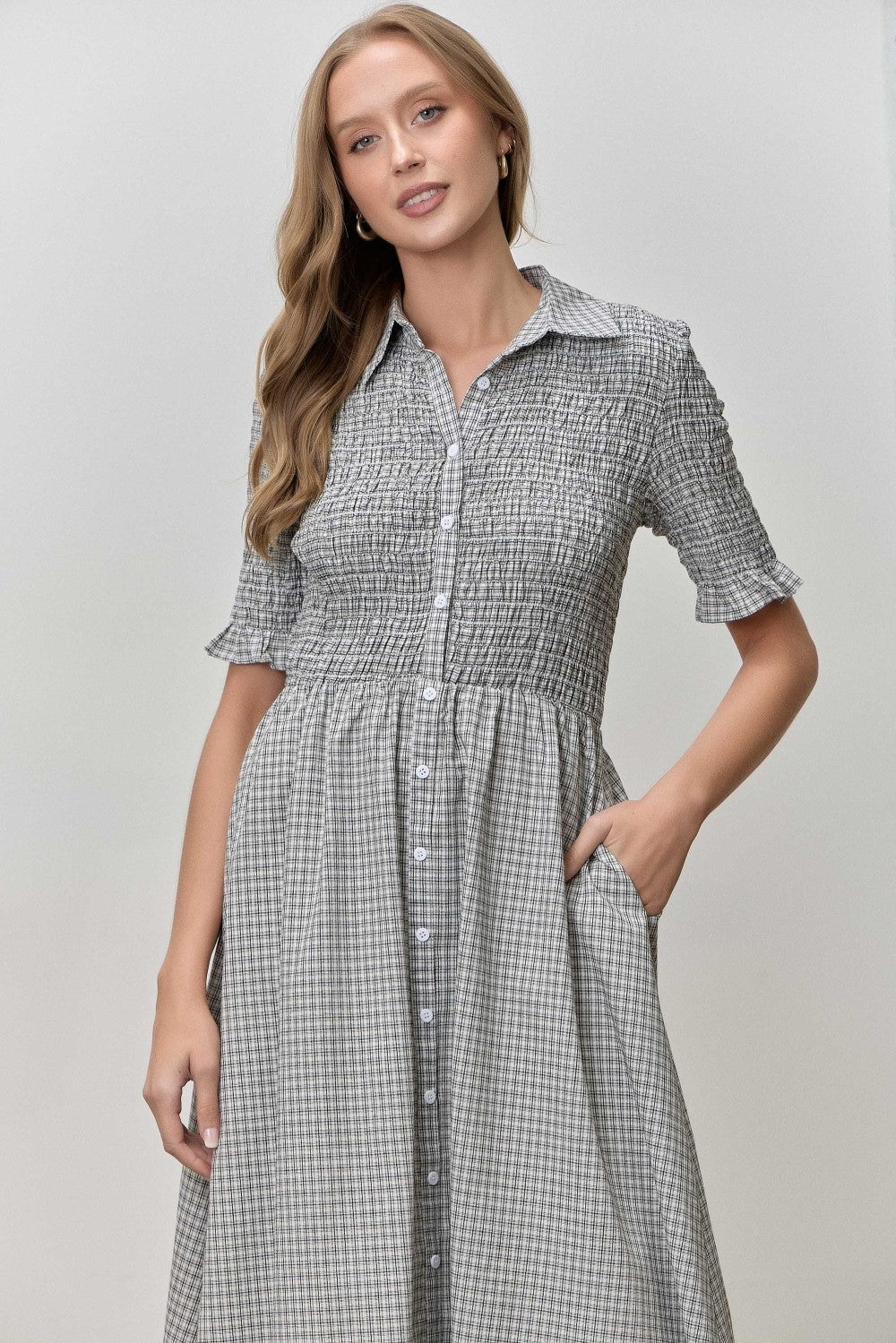 Black Gingham Smocked Button Down Midi Dress