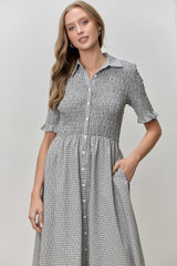Black Gingham Smocked Button Down Midi Dress