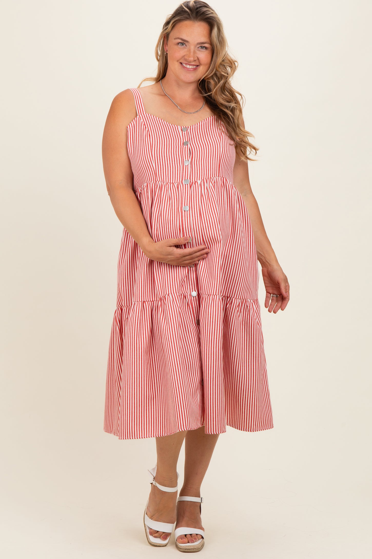 Red Striped Tiered Overall Maternity Plus Dress