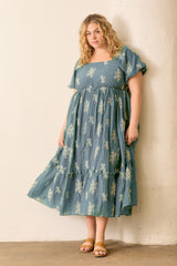Dusty Blue Floral Print Ruffle Hem Maternity Plus Midi Dress