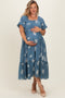 Dusty Blue Floral Print Ruffle Hem Maternity Plus Midi Dress