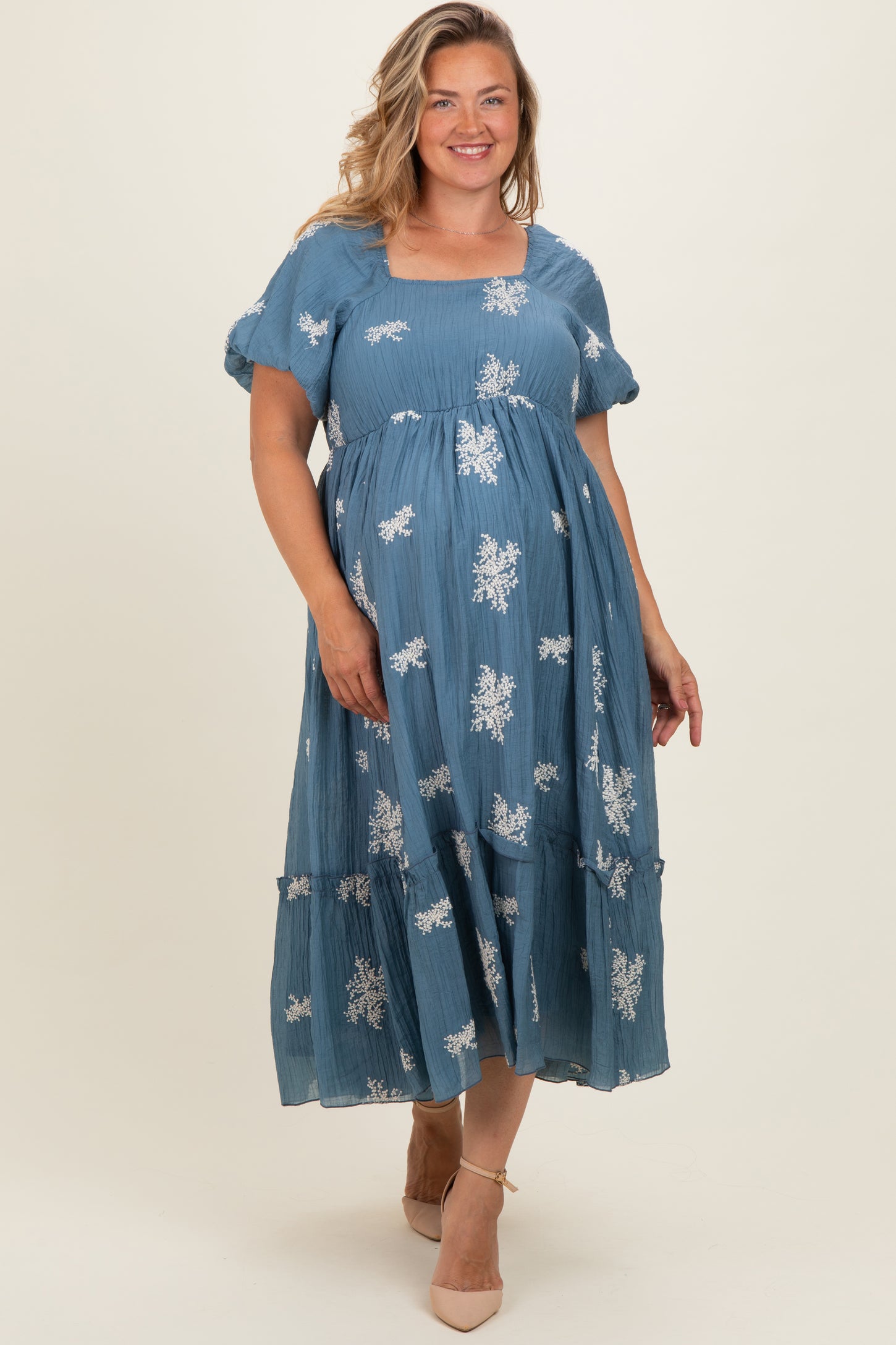 Dusty Blue Floral Print Ruffle Hem Maternity Plus Midi Dress