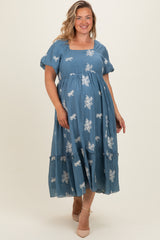 Dusty Blue Floral Print Ruffle Hem Maternity Plus Midi Dress