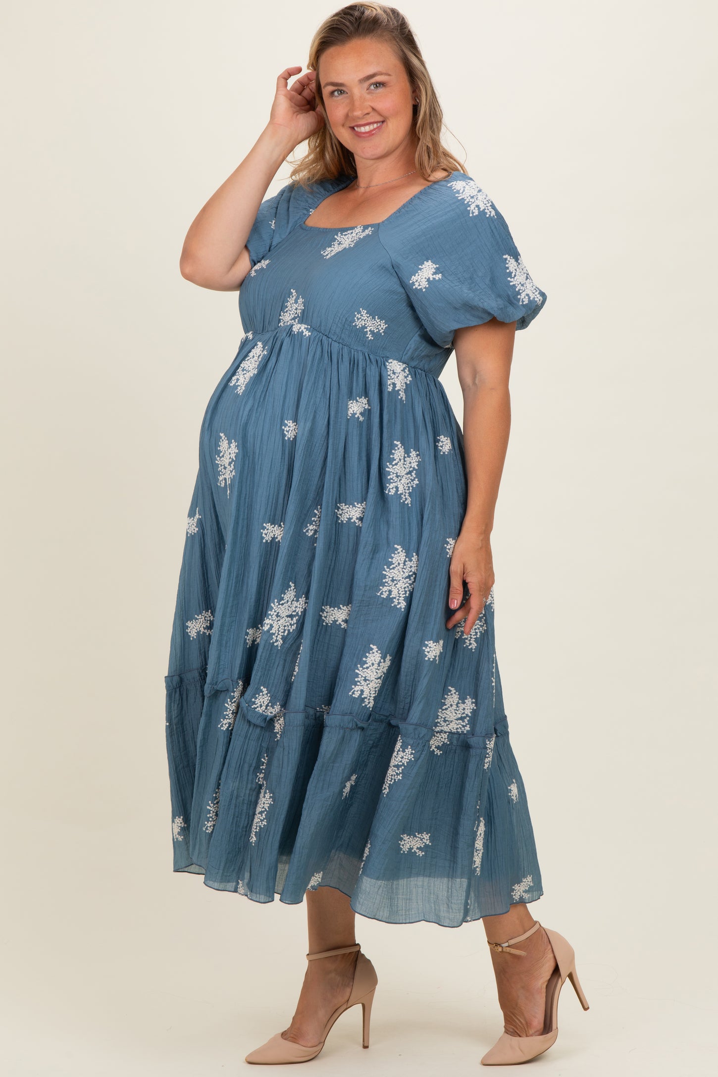Dusty Blue Floral Print Ruffle Hem Maternity Plus Midi Dress