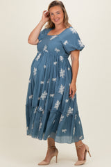 Dusty Blue Floral Print Ruffle Hem Maternity Plus Midi Dress