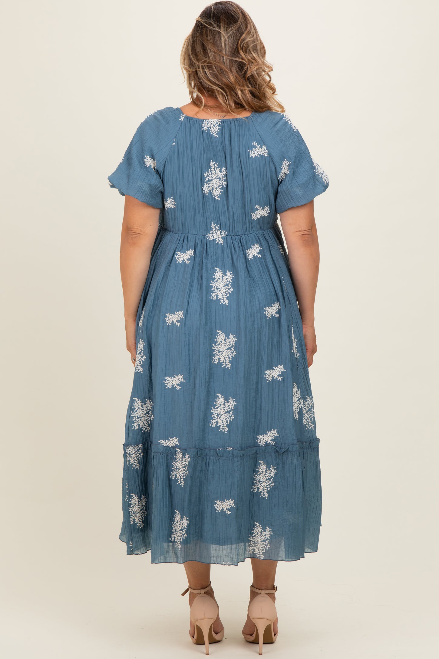Dusty Blue Floral Print Ruffle Hem Maternity Plus Midi Dress