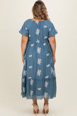 Dusty Blue Floral Print Ruffle Hem Maternity Plus Midi Dress