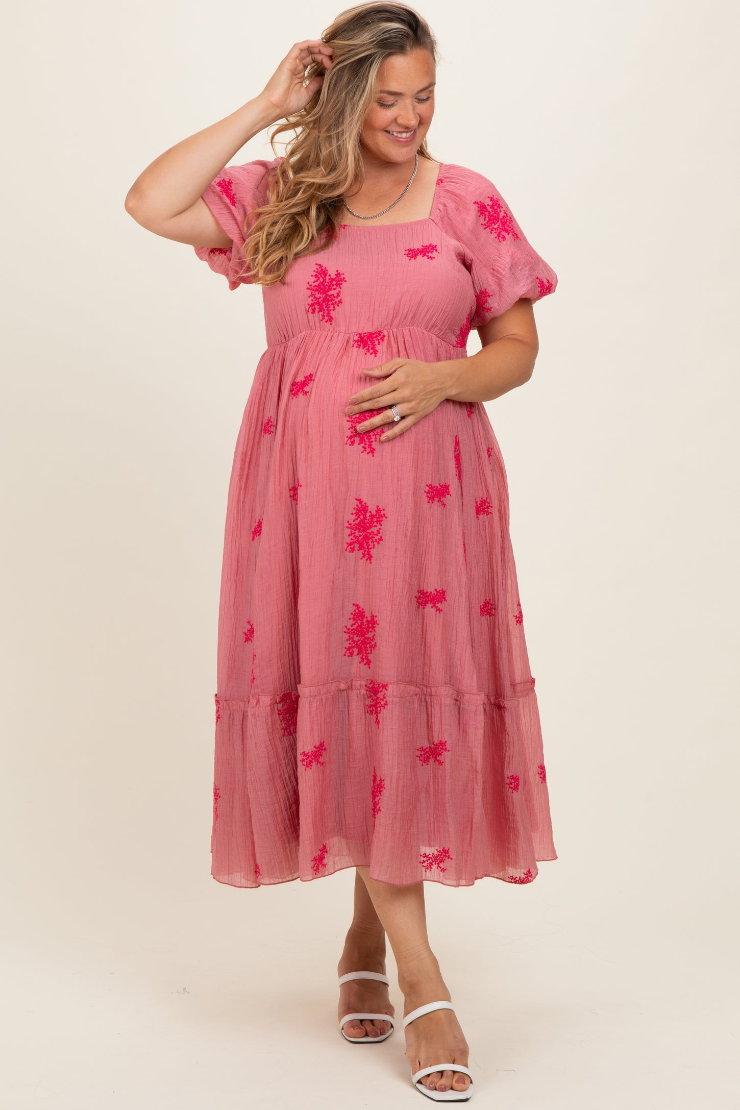 Dusty Mauve Floral Print Ruffle Hem Maternity Plus Midi Dress