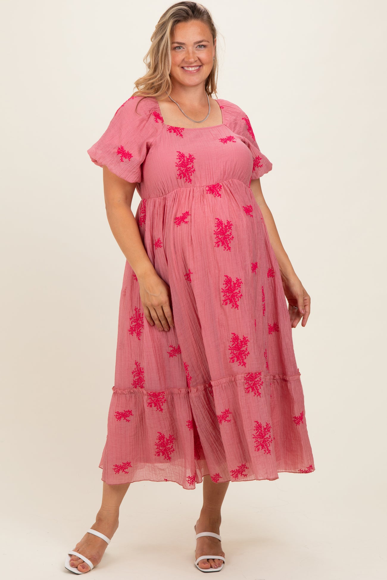Dusty Mauve Floral Print Ruffle Hem Maternity Plus Midi Dress