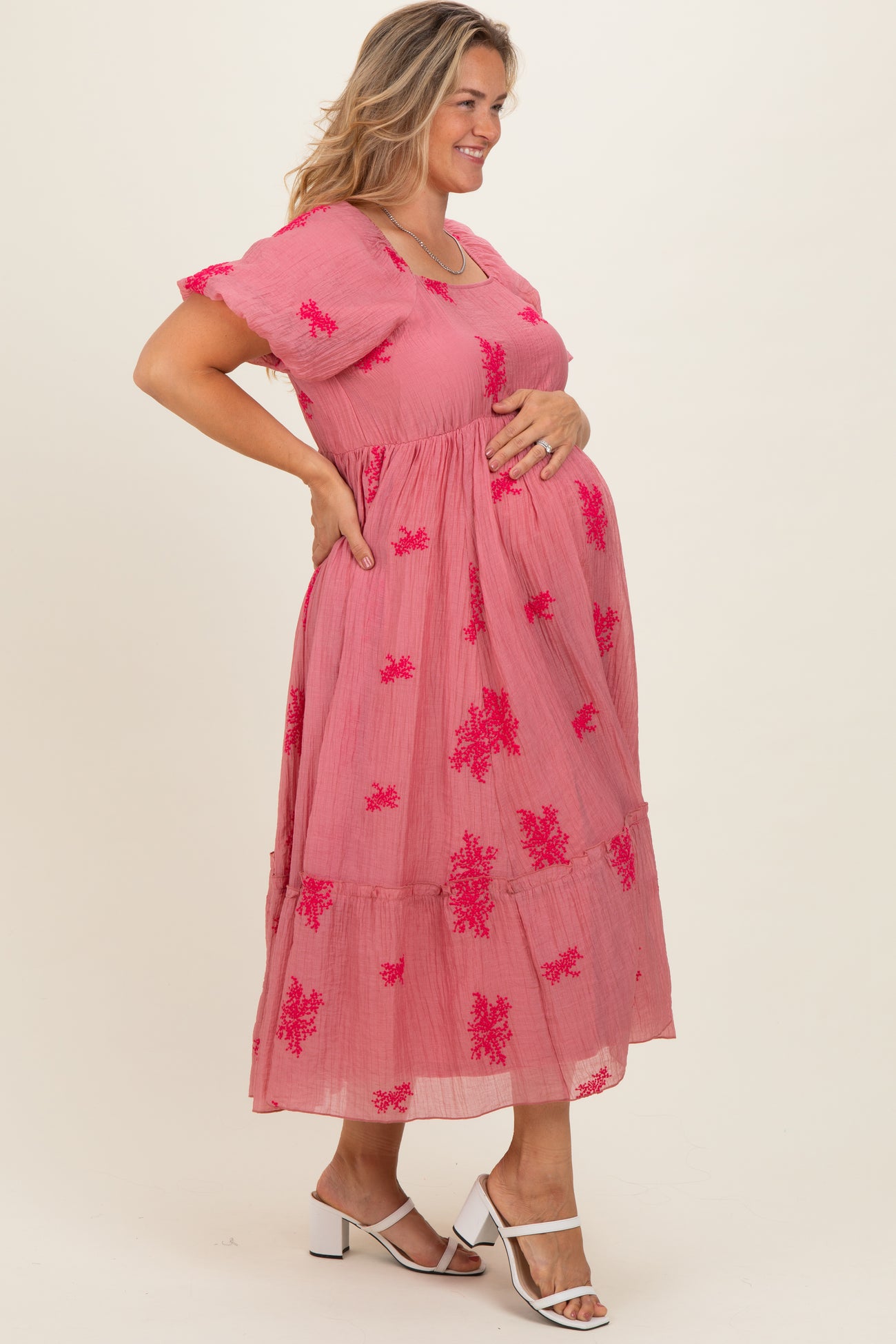 Dusty Mauve Floral Print Ruffle Hem Maternity Plus Midi Dress