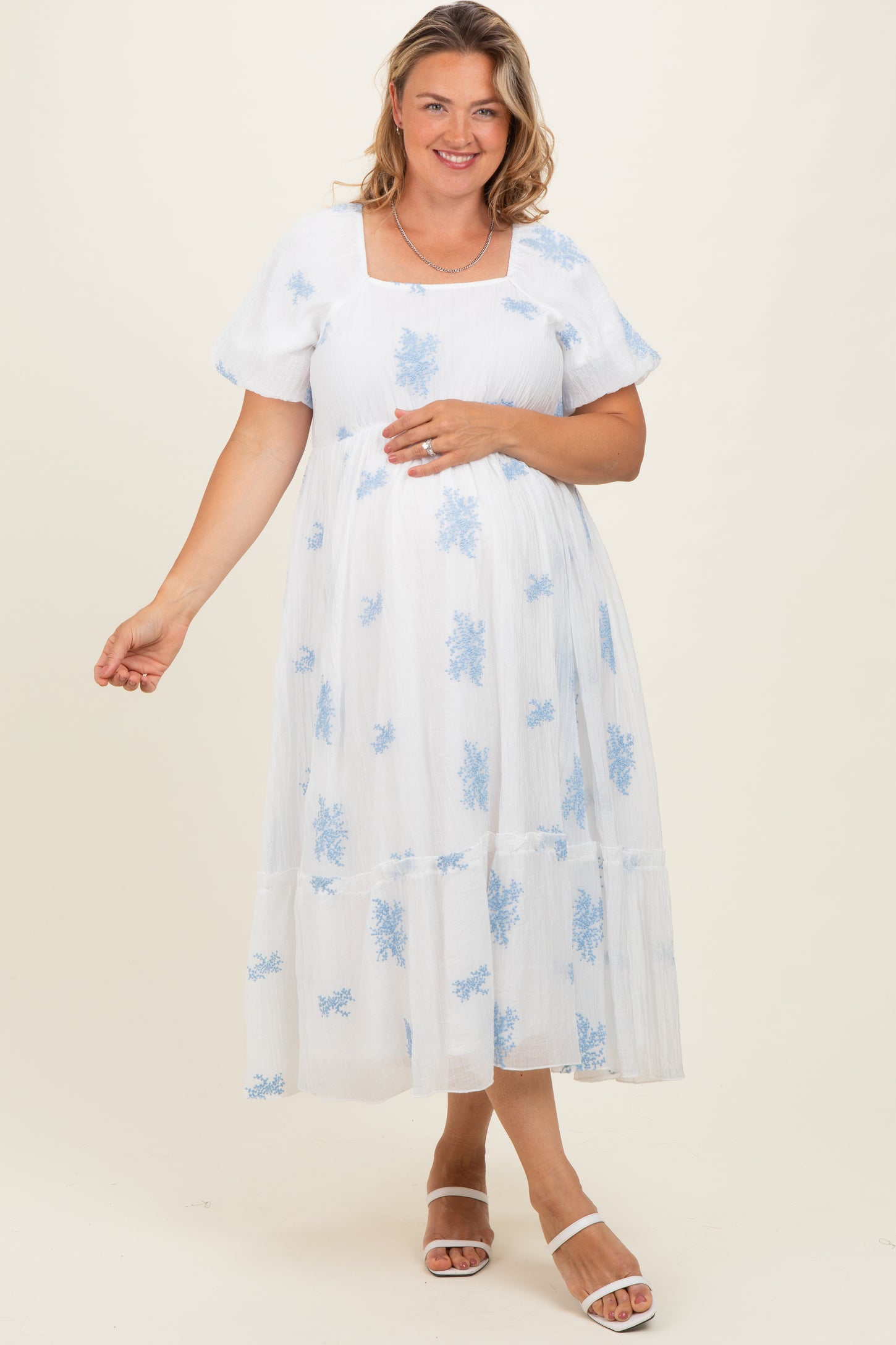 Ivory Floral Print Ruffle Hem Maternity Plus Midi Dress
