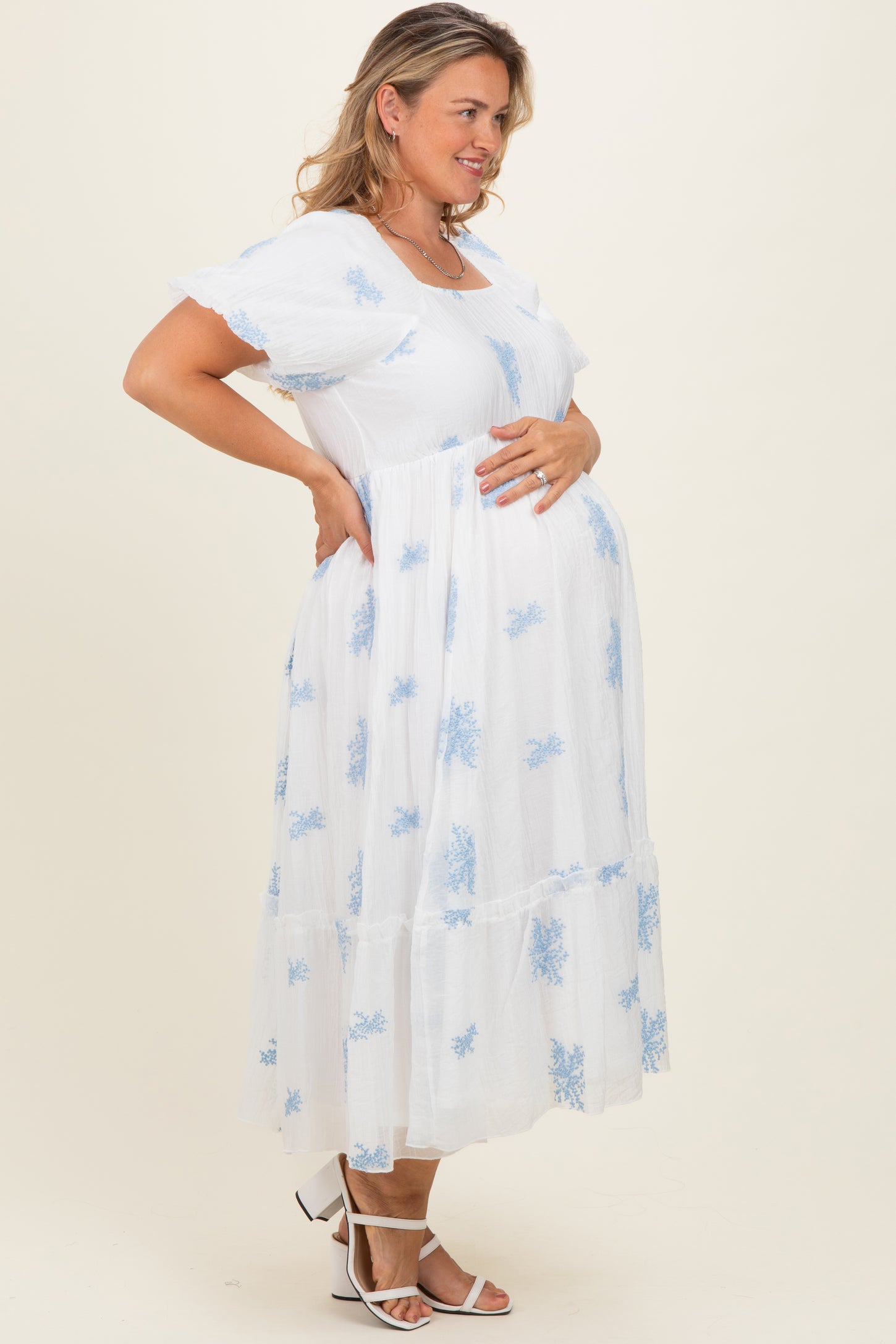 Ivory Floral Print Ruffle Hem Maternity Plus Midi Dress