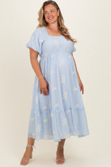 Powder Blue Floral Print Ruffle Hem Maternity Plus Midi Dress