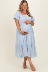 Powder Blue Floral Print Ruffle Hem Maternity Plus Midi Dress